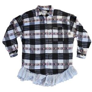 Vintage Women’s White blue Plaid Floral Lace Button Down‎ Boho Western. Large